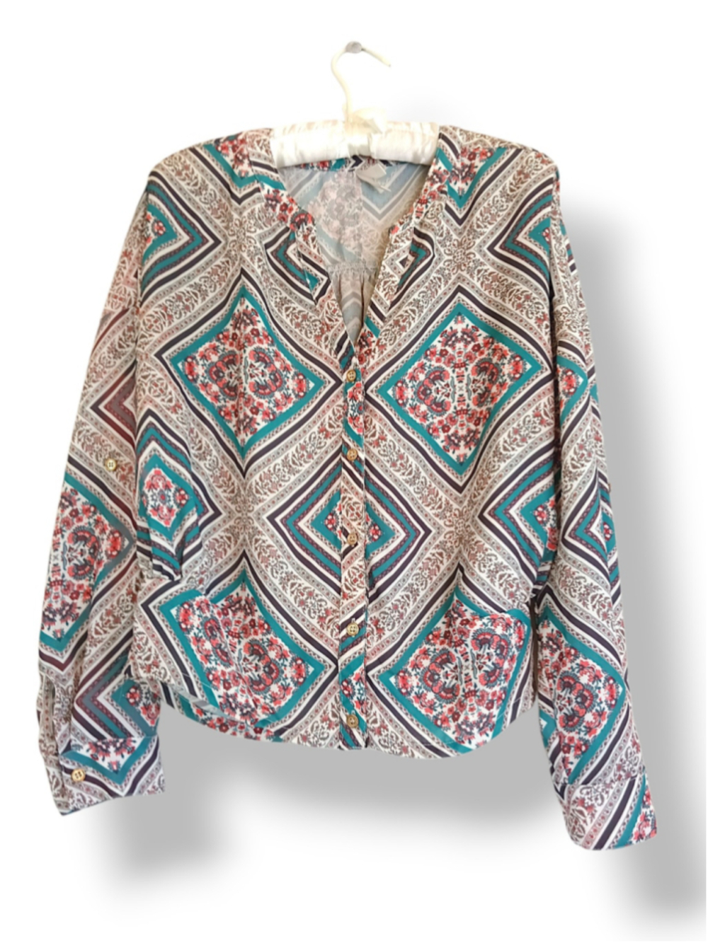 Xhilaration Bandana Button Down Blouse Turquoise Floral Western Boho Flowy Vneck